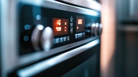 A close-up shot of a modern kitchen appliance control panel, showcasing its sleek digital display and buttons for temperature and timer settings, perfect for contemporary cooking environments.の素材