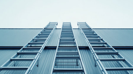 Industrial scene showcasing aluminum ladders leaning against a modern building under a clear sky, highlighting accessibility and equipment used in construction and renovation projects.の素材
