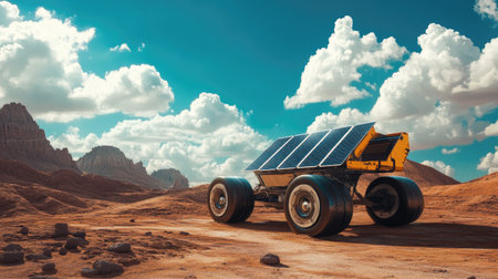 A solar-powered exploration vehicle navigates rocky terrain, highlighting advancements in sustainable transportation and the future of space exploration amidst a stunning natural landscape.の素材