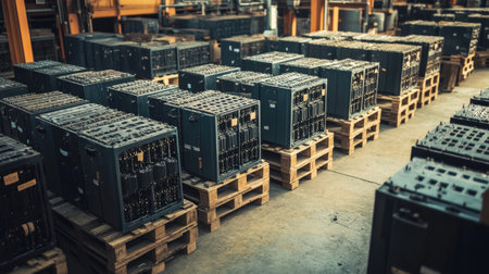 A wide view of an organized warehouse filled with industrial equipment on wooden pallets, showcasing efficient logistics, storage, and inventory management practices essential for business operations.の素材