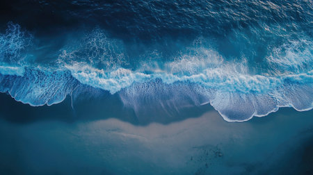 Experience the serene beauty of turquoise ocean waves elegantly crashing onto a sandy beach, captured from above in bright daylight for a refreshing atmosphere.の素材