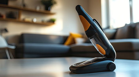 A stylish handheld vacuum cleaner placed on a stylish coffee table, capturing a moment of cleanliness and simplicity in a modern living room setting.の素材