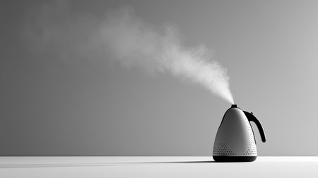 This modern kettle showcases a sleek, minimalist design with steam rising, representing functionality and beauty in kitchen appliances. Perfect for contemporary styling.の素材