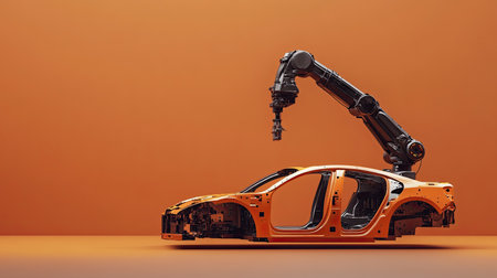 A robotic arm meticulously assembles an orange car frame in a modern industrial setting, showcasing advanced technology and innovation in automotive manufacturing processes.の素材