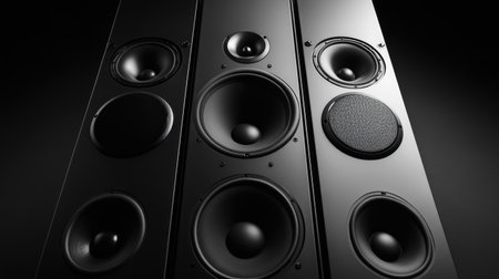 A visually striking set of high-fidelity audio speakers designed with precision to bring exceptional sound quality to any home entertainment system or studio setup.の素材