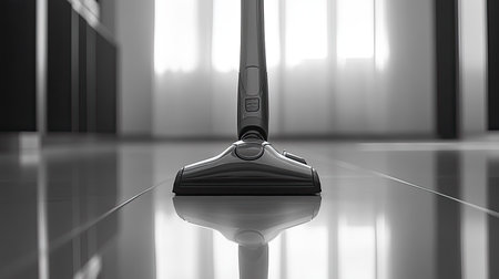 A sleek vacuum cleaner stands on a polished floor, capturing the essence of modern home cleaning. Sunlight filters through curtains, enhancing the serene environment.の素材