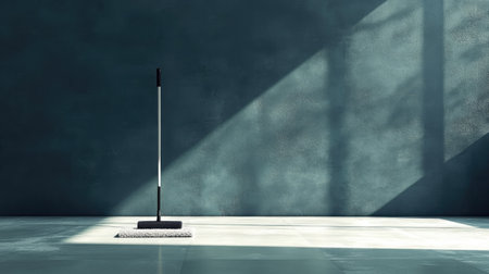 A minimalist cleaning scene showcasing a mop standing alone on the floor, illuminated by natural light, casting beautiful shadows against a textured wall in a serene environment.の素材