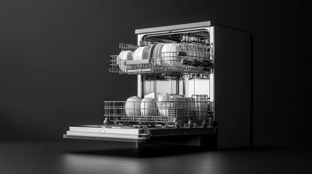 A sleek and modern dishwasher with an open door reveals sparkling clean dishes and utensils, showcasing effective design for optimal kitchen organization and efficiency.の素材