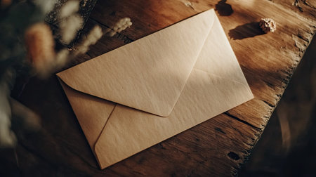 A beautifully arranged craft paper envelope resting on a rustic wooden surface, illuminated by soft natural light, creating a warm and nostalgic atmosphere perfect for personal communication.の素材
