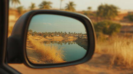 Captivating image showing a side mirror reflecting a calm river and palm trees, evoking a sense of peace and adventure in a serene rural setting.の素材