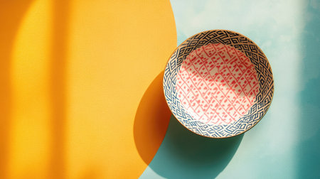 A beautifully designed decorative bowl rests on a vibrant, colorful backdrop, showcasing unique patterns and shadows, perfect for modern still life photography and creative projects.の素材