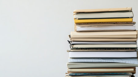 A stylish collection of notebooks and journals stacked harmoniously on a light background, ideal for enhancing any workspace with inspiration and organization.の素材