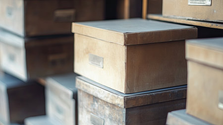 A beautifully arranged display of wooden storage boxes creates an inviting and organized atmosphere, ideal for home or office decor with a vintage touch.の素材
