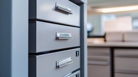 This image showcases a modern gray office drawer cabinet, emphasizing sleek handles and a contemporary design ideal for organizing workspace essentials efficiently.の素材