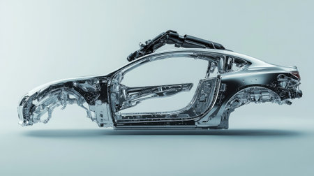 This image features a transparent car frame enhanced by a robotic arm, emphasizing the intricate design and engineering of modern automotive technology in a futuristic context.の素材