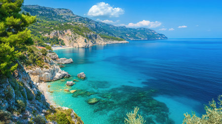 Experience a stunning coastal view featuring clear waters, rocky cliffs, and lush greenery under a beautiful blue sky in a tranquil and picturesque setting.の素材