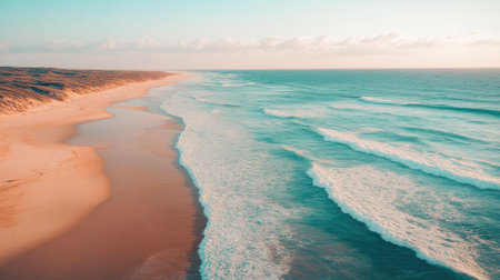 Experience the peaceful beauty of a stunning beach captured from above, showcasing gentle waves, soft sand, and a tranquil atmosphere perfect for nature lovers.の素材