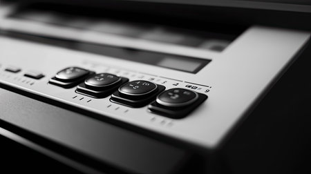 A detailed close-up image capturing the sleek design of a modern device control panel, highlighting the buttons and display for a refined technological aesthetic and purpose.の素材