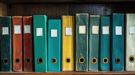 A visually appealing arrangement of colorful archive binders on a wooden bookshelf, perfect for adding style and organization to any workspace or study area.の素材