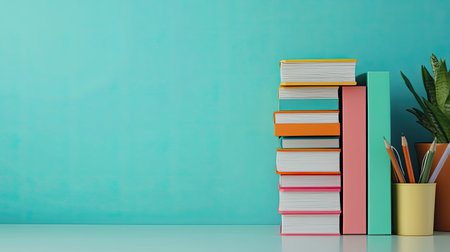 A vibrant turquoise background complements a neatly arranged stack of books and colorful stationery, creating an inspiring workspace perfect for studying and creativity.の素材