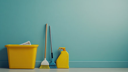 A vibrant collection of cleaning supplies featuring a yellow bucket, mop, broom, and spray bottle, set against a serene blue wall, perfect for promoting cleanliness and organization.の素材