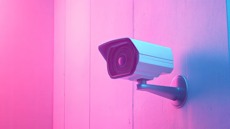 A stylish security camera mounted on a wall, illuminated with pink and blue neon light, symbolizes modern surveillance technology and security solutions for contemporary spaces.の素材