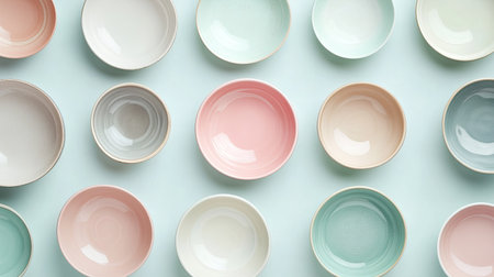 Explore this visually stunning arrangement of ceramic bowls, showcasing a vibrant palette ideal for culinary presentations, home dの素材