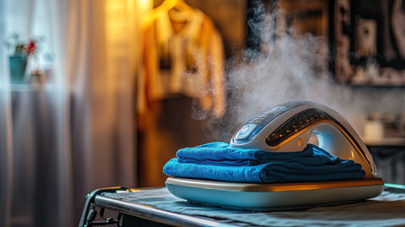 A sleek steam iron on an ironing board with blue stacked clothes, radiating warmth and a serene atmosphere, ideal for home laundry scenes and fabric care.の素材