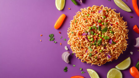 A vibrant bowl of spicy noodles topped with fresh vegetables and citrus, artfully arranged on a purple background, ideal for culinary inspiration and food photography.の素材