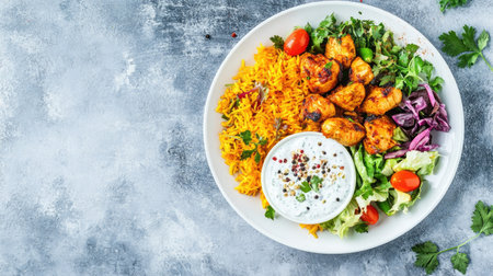 A stunning plate featuring spiced chicken, aromatic rice, fresh salad, and a creamy sauce, showcasing vibrant colors and flavors for an appetizing meal experience.の素材