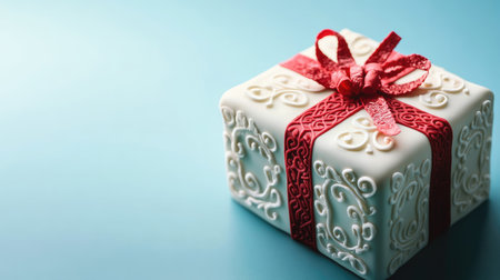 A beautifully designed white gift box adorned with intricate patterns and a vibrant red ribbon, ideal for enhancing festive moments and special events.の素材