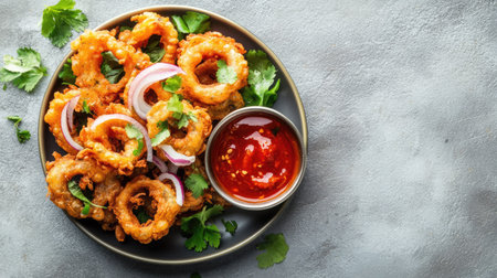 An enticing arrangement of crispy fried onion rings paired with fresh coriander and a tangy chili sauce, ideal for appetizers or snack enthusiasts.の素材