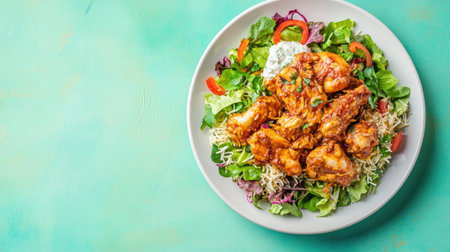 An appealing dish featuring spicy chicken wings served over a vibrant salad, complemented by fresh vegetables and a tangy dressing, perfect for a healthy meal.の素材