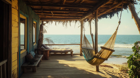 This tranquil coastal scene features a hammock on a porch overlooking the ocean, perfect for a relaxing getaway. Enjoy the serene views and warm sunlight.の素材