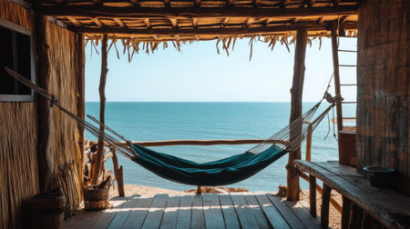 Experience a serene seaside retreat with a hammock gently swaying, inviting relaxation while overlooking the calm ocean and pristine beach, perfect for a peaceful getaway.の素材