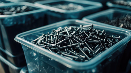 A detailed capture of black metal fasteners and screws stored in transparent containers, highlighting the precision and organization in a workshop for industrial applications.の素材