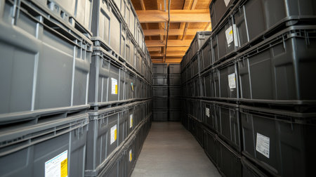An interior view of a storage facility showcasing neatly stacked plastic bins in a clean environment, emphasizing organization and efficient inventory management within a modern space.の素材