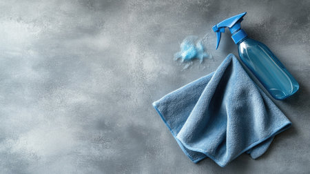 A blue spray bottle and a microfiber cloth arranged on a gray surface, ideal for promoting goods related to cleaning, organization, and maintenance in various settings.の素材