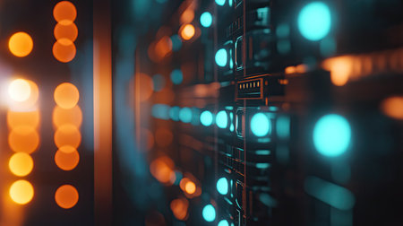 This image captures a close-up view of a modern server room, showcasing glowing blue and orange lights, highlighting the intricate technology and digital environment essential for data processing.の素材