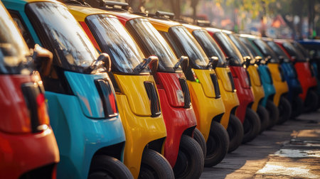 A vibrant array of compact vehicles in shades of blue, red, and yellow creates an eye-catching scene in an urban environment under soft sunlight.の素材
