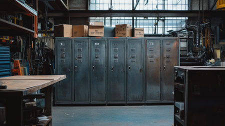 Explore the essence of a vintage workshop featuring industrial metal lockers. This image captures a nostalgic atmosphere filled with creativity and natural light.の素材