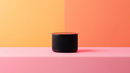 A sleek smart speaker positioned against a bright two-tone background, exemplifying modern design and technology's impact on home and lifestyle choices.の素材