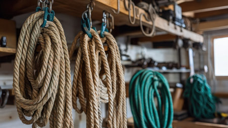 Coiled ropes organized neatly in a rustic workshop provide a functional and aesthetic element to the space, showcasing craftsmanship and practical storage solutions.の素材