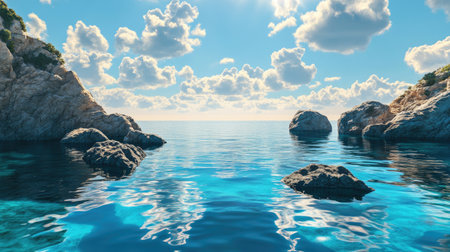Stunning view of tranquil blue ocean waters reflecting sunlight, framed by rocky shores and fluffy clouds under a bright sky, showcasing nature's serene beauty.の素材