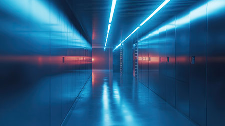A captivating futuristic hallway featuring radiant blue lights and polished reflective surfaces, creating an immersive atmosphere perfect for technology and innovation themes.の素材