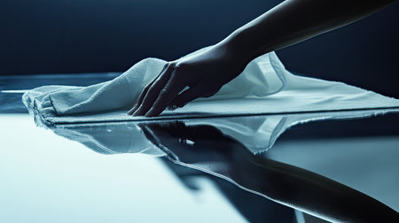 This image captures a hand delicately wiping a shiny surface with a cloth, emphasizing elegance and care in a minimalist environment. Ideal for cleaning themes.の素材