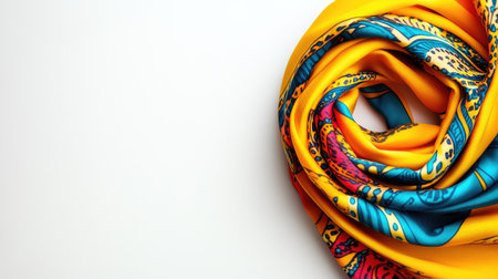 A vibrant yellow and blue silk scarf is elegantly twisted into a circular shape, showcasing intricate patterns on a clean white background, perfect for fashion and lifestyle imagery.の素材