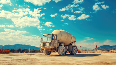 A heavy-duty construction mixer truck stands on a dirt surface at a construction site under a bright sky adorned with clouds, emphasizing industrial activities and transportation.の素材