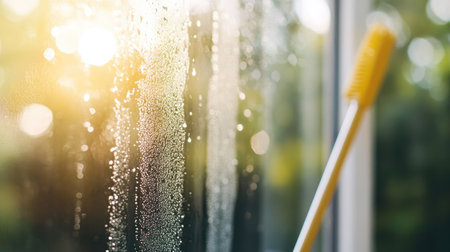 A sunlit window with sparkling water droplets showcases a refreshing atmosphere, with a toothbrush nearby, emphasizing everyday cleanliness and the beauty of light-filled spaces.の素材