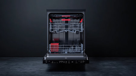 Sleek modern dishwasher with an open door, showcasing its organized interior, perfect for enhancing kitchen efficiency and maintaining cleanliness in contemporary homes.の素材
